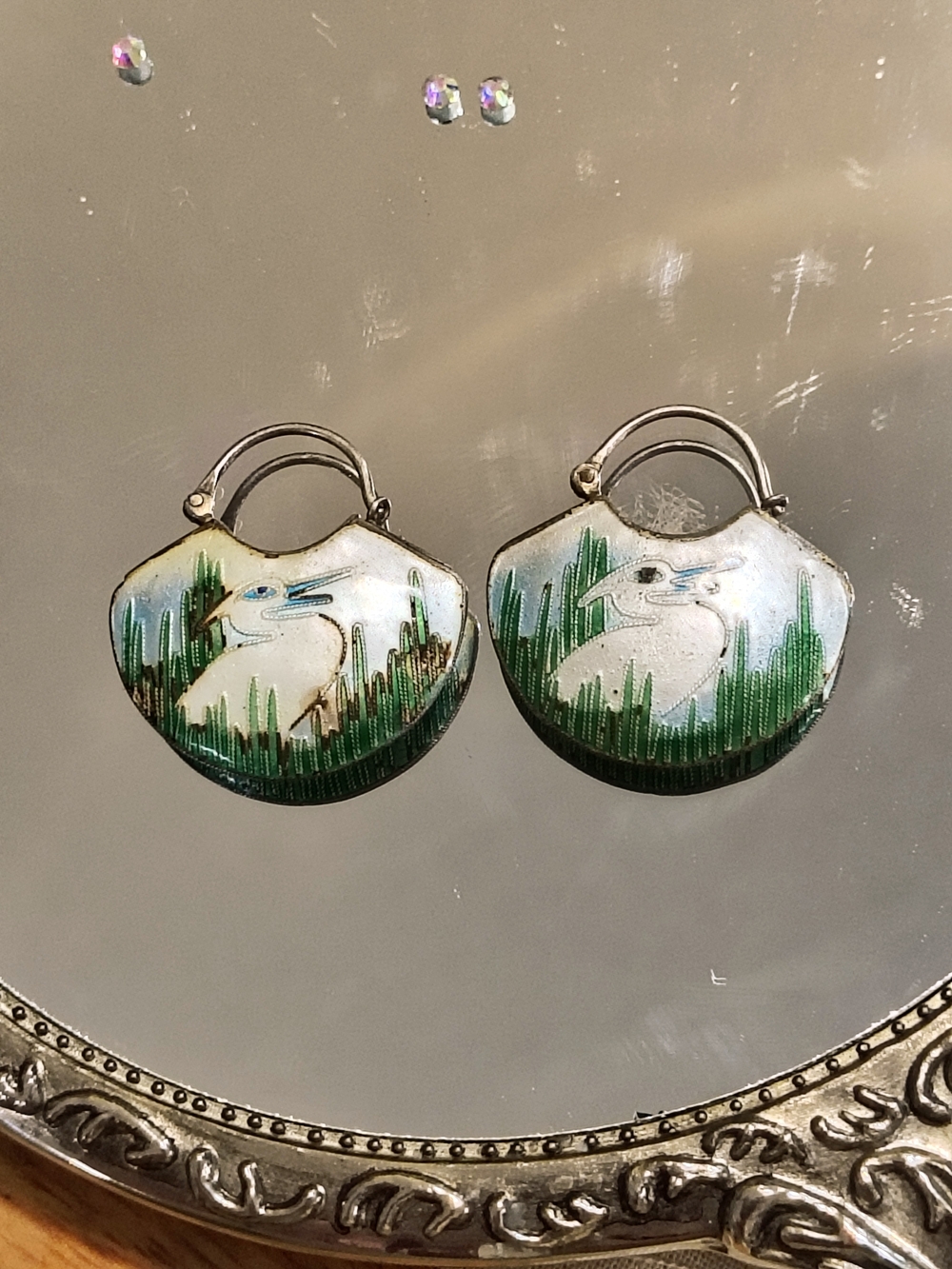 Vintage 70s Laurel Burch Silver Cloisonne Enamel Crane Hoop Earrings Early Rare